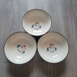 Pfaltzgraff Snow Villiage Snowman Bowls Set Of 3 Holiday Themed 6" Diameter Porc